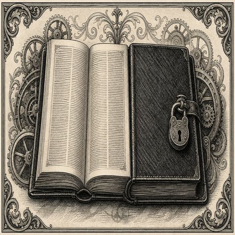 Woodcut engraving: open book pages for free preview beside a locked volume with padlock